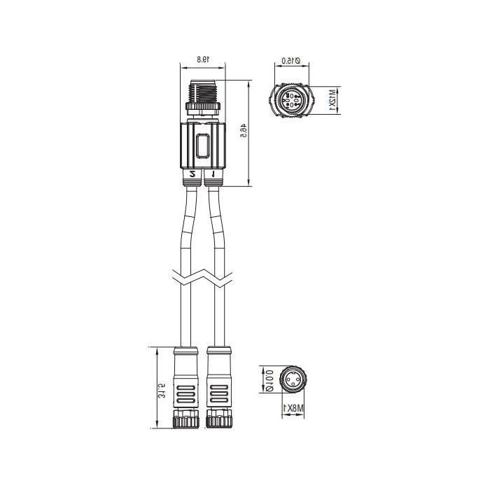 M12 4Pin公头/2M8 3Pin母头、Y型预铸PVC非柔性电缆、灰色护套、64D423-XXX